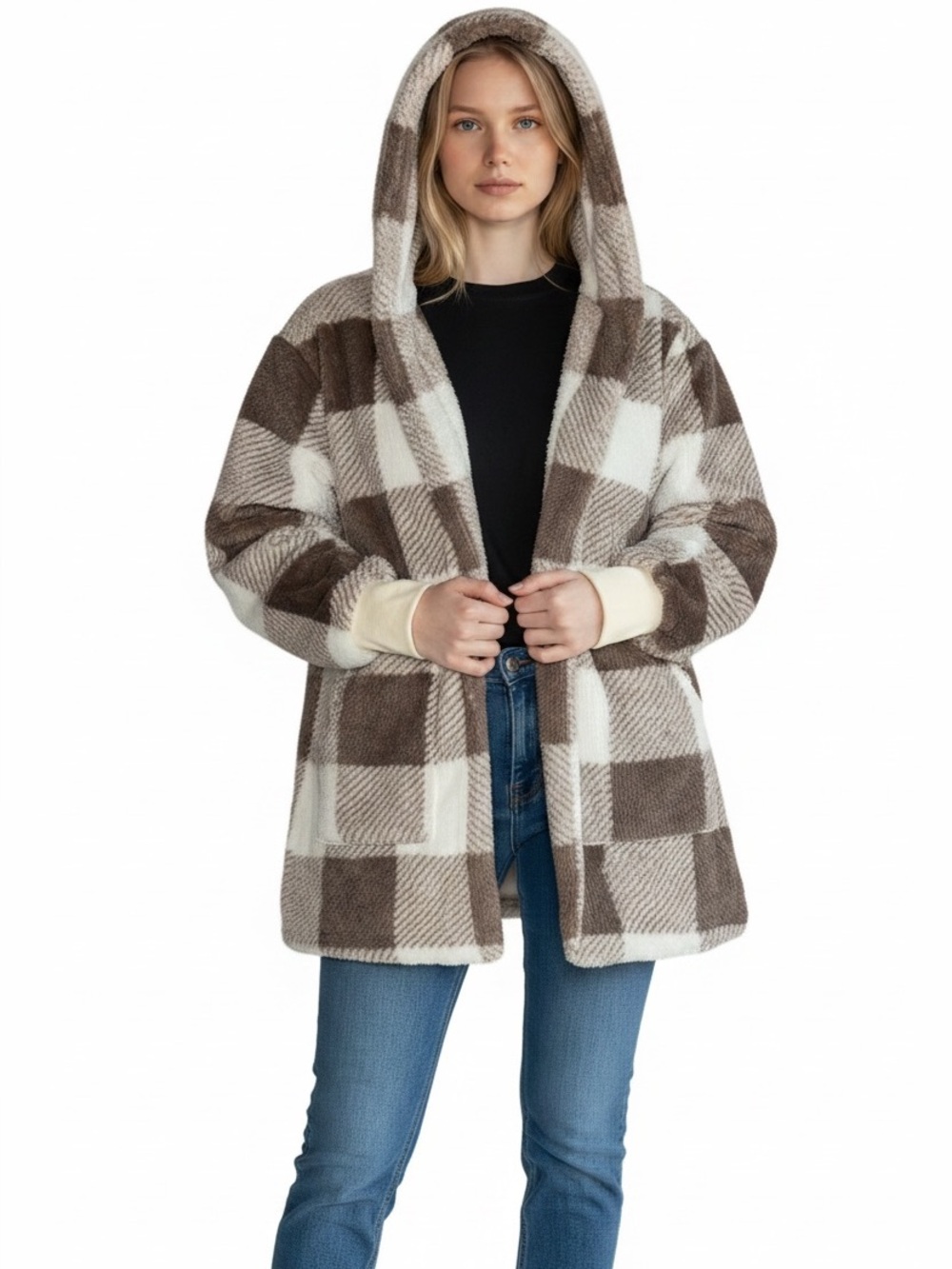 Cozy Hooded Fleece Jacket - Brown Plaid